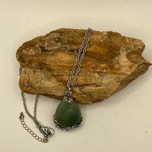 Teardrop Genuine Aventurine Gemstone Pendant Necklace 20 in Stainless Chain